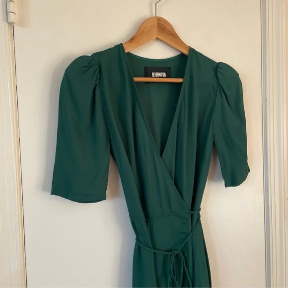 Reformation Marta Green Viscose Surplice Wrap Dress Mini Puff 1/2 Sleeves XS - Picture 4 of 8